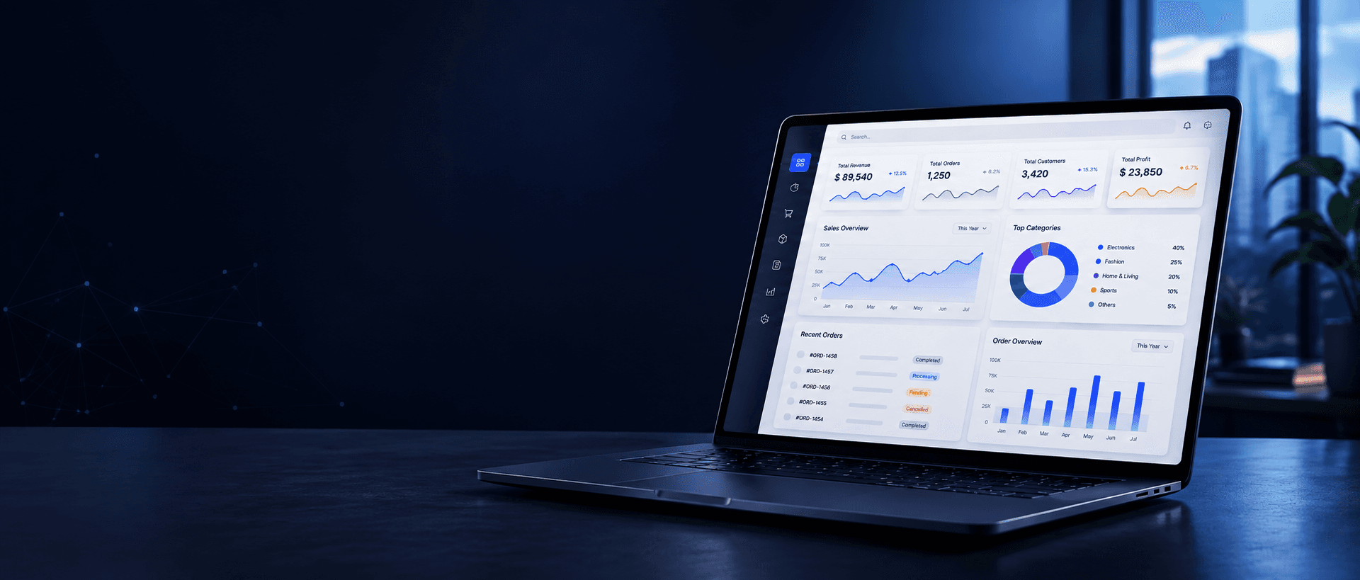 Laptop displaying an analytics dashboard with sales charts